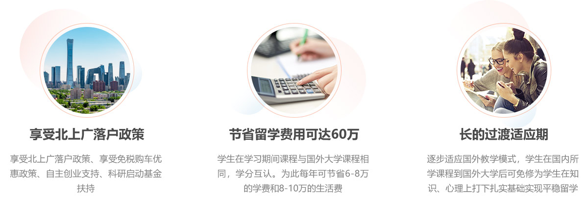 享受北上廣落戶政策、享受免稅購車優惠政策、自主創業支持、科研啟動基金扶持。學生在學習期間課程與國外大學課程相同，學分互認。為此每年可節省6-8萬的學費和8-10萬的生活費。讓學生逐步適應國外教學模式，學生在國內所學課程到國外大學后可免修為學生在知識、心理上打下扎實基礎實現平穩留學。
